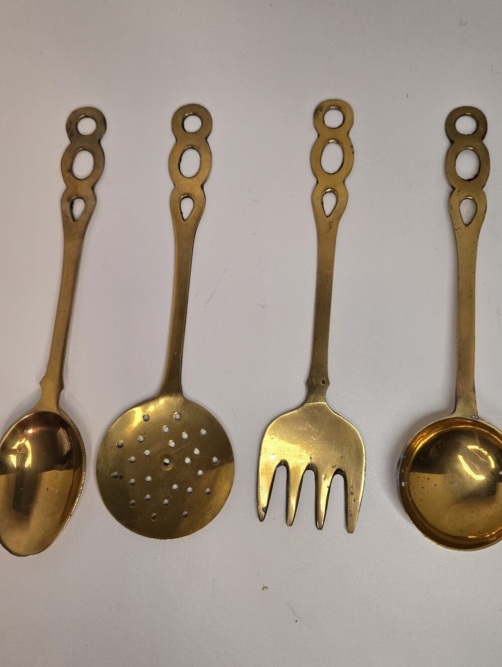 Vintage French Country Brass Kitchen Utensils, 4 Piece Set, Cut Out Handles